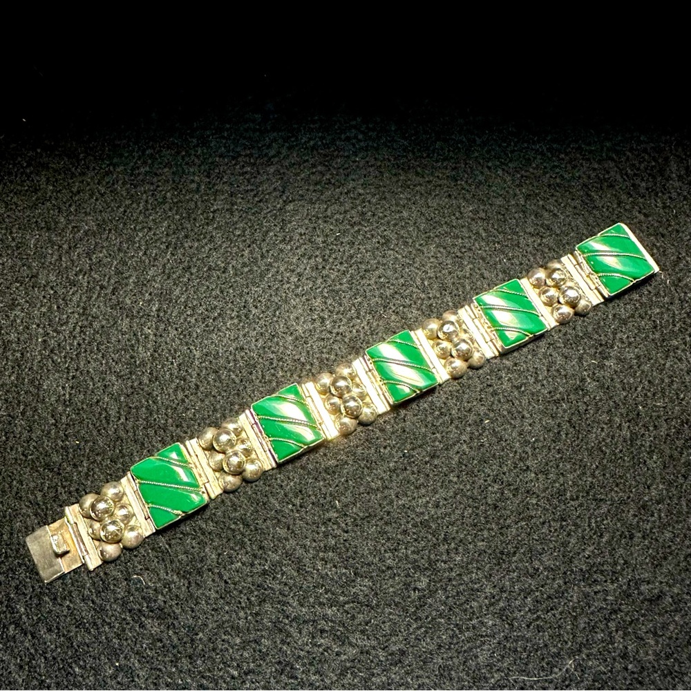 Vintage Sterling MEXICO Green Onyx and Silver Filigree Statement Piece-Approx 7”